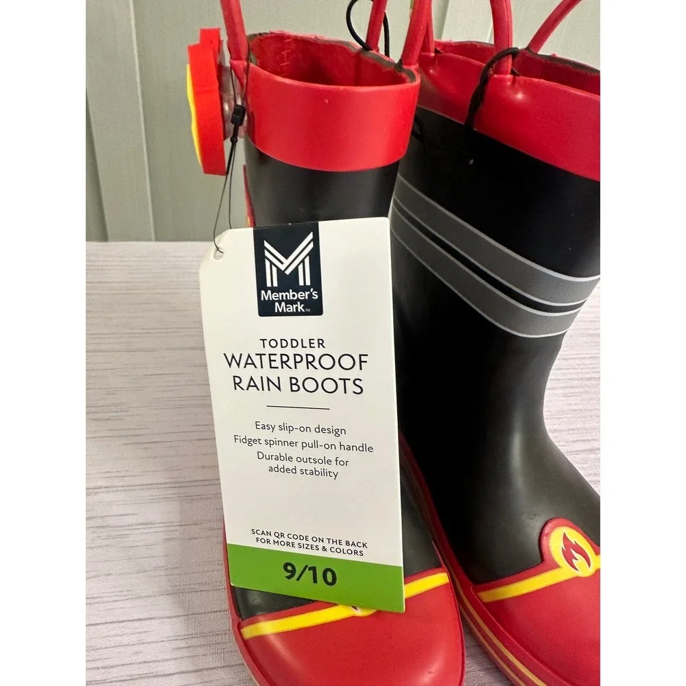 Members Mark Toddler Boys Firefighter Waterproof Rain Boots Black Red Size 9/10